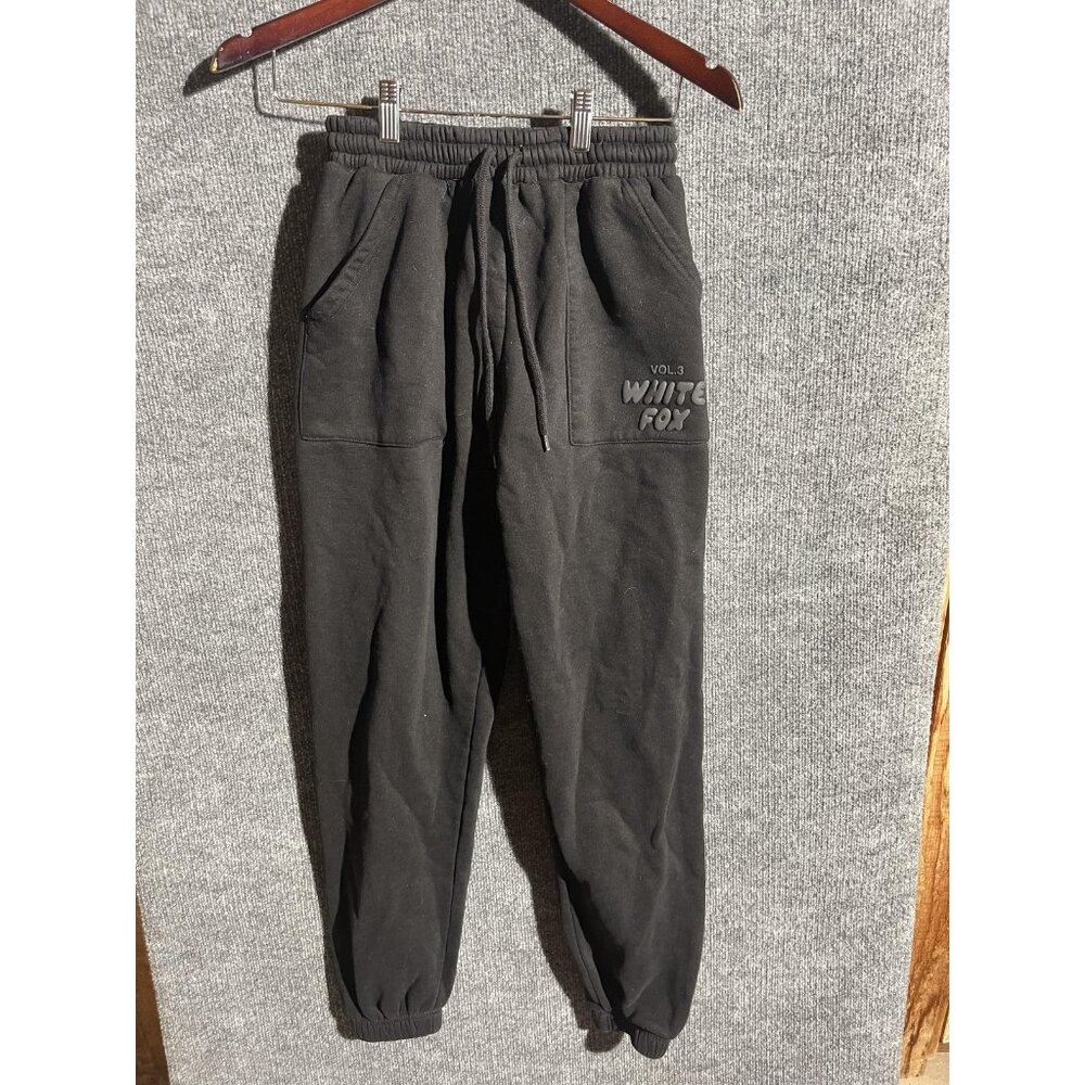 White Fox Sweatpants Womens XS Black Fleece Jogger Pants Drawstring Pockets